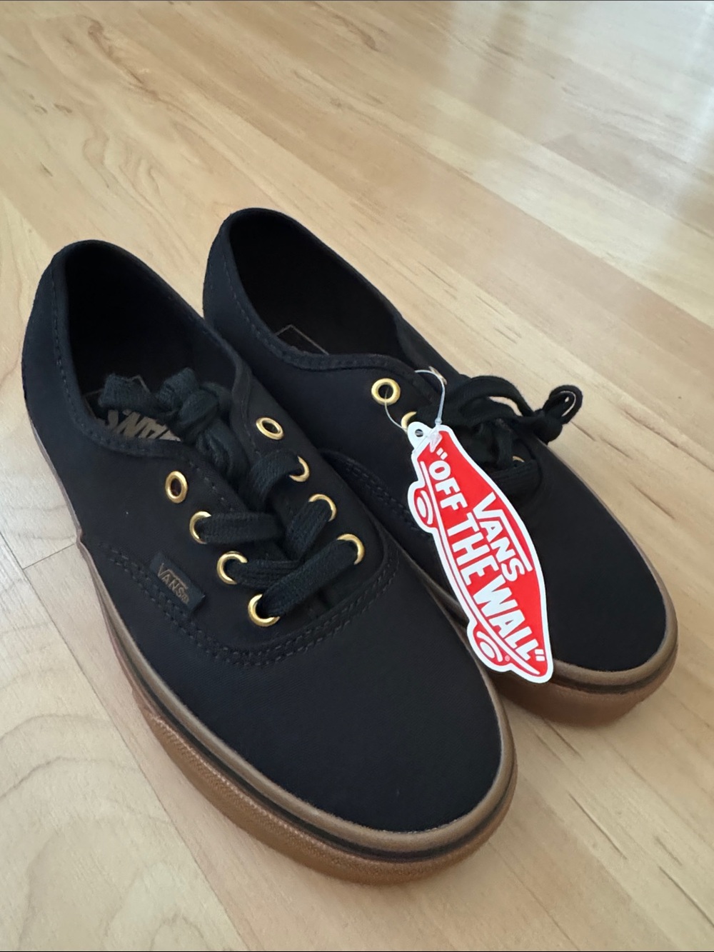 Vans Black Canvas Sneakers with Gum-Brown Sole and Gold Eyelets